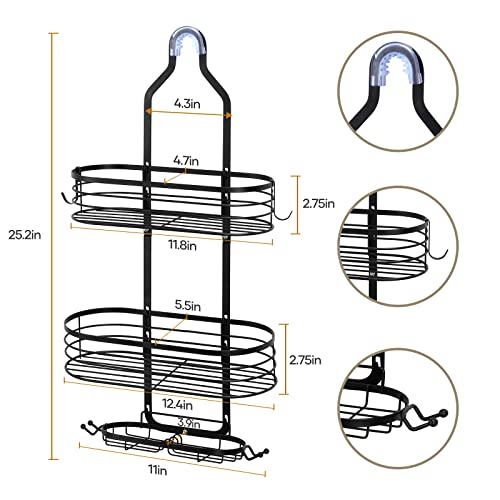 Shower Caddy Over Shower Head, 3 Tier Shower Hanging Organizer Shelf Rustproof, shower racks for inside shower, Shampoo Holder Bathroom Shelf With Soap Holder, Hooks and Bamboo Board, For Bath, Black