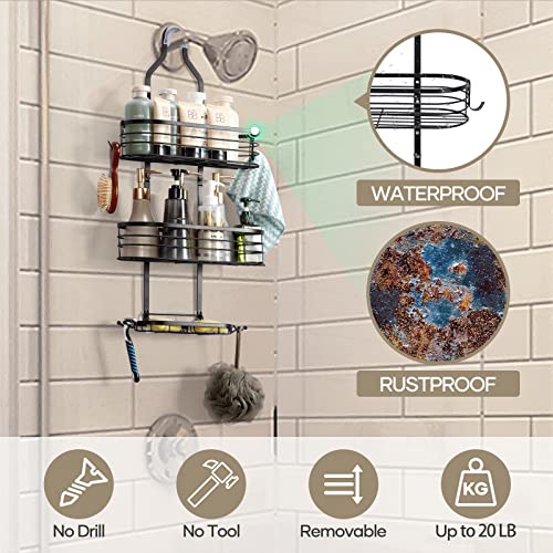 Shower Caddy Over Shower Head, 3 Tier Shower Hanging Organizer Shelf Rustproof, shower racks for inside shower, Shampoo Holder Bathroom Shelf With Soap Holder, Hooks and Bamboo Board, For Bath, Black