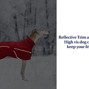 Greyhound Lurcher Winter Coat, Whippet Warm Coat with Fleece, Water Resistant Dog Jacket with Adjustable Bands and Zipper Harness Hole - Red - Small