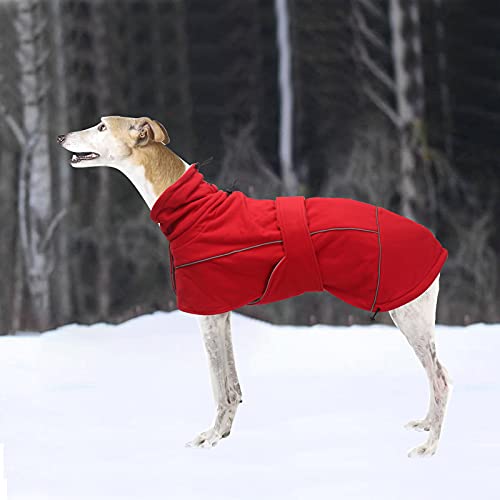 Greyhound Lurcher Winter Coat, Whippet Warm Coat with Fleece, Water Resistant Dog Jacket with Adjustable Bands and Zipper Harness Hole - Red - Small