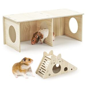 hamster hut, 2 chamber hamster hideouts wood smooth surface chinchilla habitat no nails guinea pig maze exploring gerbils toys with slide house for dwarf hamster syrian (large)