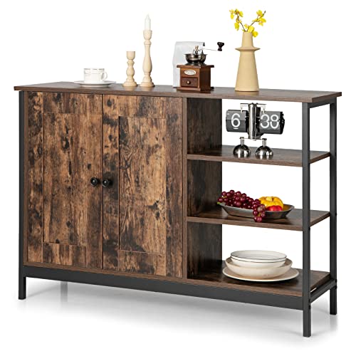 Giantex Industrial Kitchen Storage Cabinet w/Open Shelves, 2-Door Cupboard, Adjustable Shelf, Wooden Buffet Sideboard, Farmhouse Floor Bar Cabinet for Living Room, Entryway (Rustic Brown)