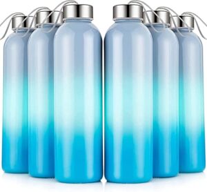 goldarea 6 pack glass water bottles, 25 oz colored glass bottles, reusable sports water bottle with stainless steel lids and carrying straps, leak-proof water bottles for travel, gym, or office