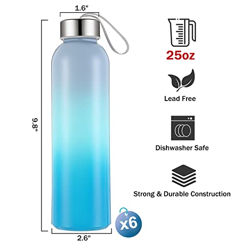 GoldArea 6 Pack Glass Water Bottles, 25 oz Colored Glass Bottles, Reusable Sports Water Bottle with Stainless Steel Lids and Carrying Straps, Leak-proof Water Bottles for Travel, Gym, or Office