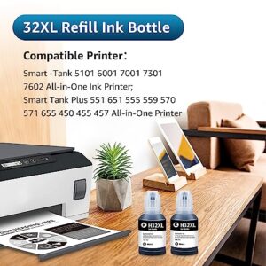 Transpex Compatible Ink Bottle Replacement for 32XL Black Refill Ink Use with 7301 7602 7001 6001 5101 551 651 Ink Tank Printers (2 Black)