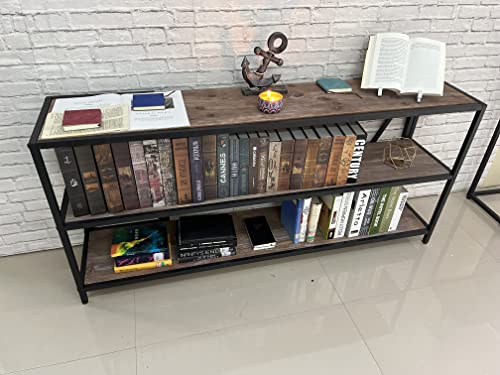 Industrial Bookshelf 3 Shelf Bookcase,Rustic Farmhouse Book Shelves,Solid Wood Three Tier Open Bookcase ,Industrial Wood and Black Metal Bookshelves, Industrial Bookshelf for Living Room Home Office