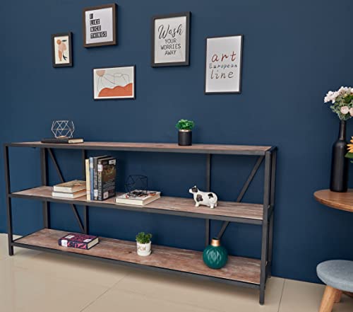 Industrial Bookshelf 3 Shelf Bookcase,Rustic Farmhouse Book Shelves,Solid Wood Three Tier Open Bookcase ,Industrial Wood and Black Metal Bookshelves, Industrial Bookshelf for Living Room Home Office