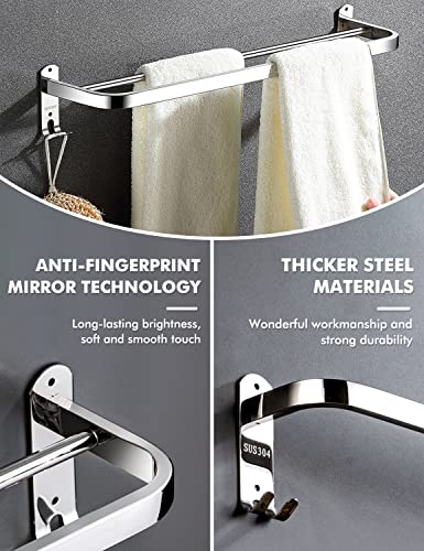 IKITCHEN Towel Racks for Bathroom, Stainless Steel Towel Holder Wall Mounted with 2 Hooks, Bathroom Shelf with Towel Bar 23Inch Polished Silver