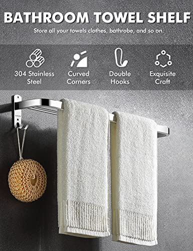 IKITCHEN Towel Racks for Bathroom, Stainless Steel Towel Holder Wall Mounted with 2 Hooks, Bathroom Shelf with Towel Bar 23Inch Polished Silver