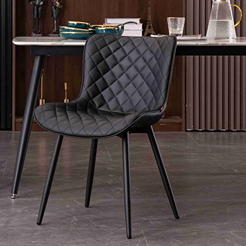 YOUTASTE Black Dining Chairs Set of 2 Mid Century Modern PU Leather Diamond Upholstered Accent Guest Breakfast Dinner Chair with Back Metal Legs for Kitchen Living Reception Waiting Room