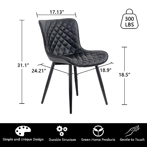 YOUTASTE Black Dining Chairs Set of 2 Mid Century Modern PU Leather Diamond Upholstered Accent Guest Breakfast Dinner Chair with Back Metal Legs for Kitchen Living Reception Waiting Room