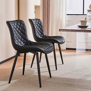 YOUTASTE Black Dining Chairs Set of 2 Mid Century Modern PU Leather Diamond Upholstered Accent Guest Breakfast Dinner Chair with Back Metal Legs for Kitchen Living Reception Waiting Room