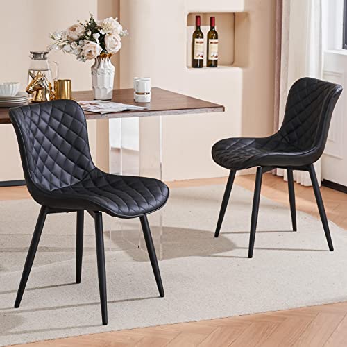 YOUTASTE Black Dining Chairs Set of 2 Mid Century Modern PU Leather Diamond Upholstered Accent Guest Breakfast Dinner Chair with Back Metal Legs for Kitchen Living Reception Waiting Room