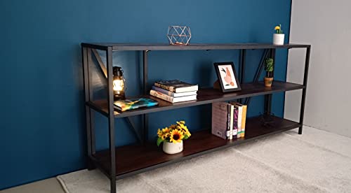 Industrial Bookshelf 3 Shelf Bookcase,Rustic Farmhouse Book Shelves,Solid Wood Three Tier Open Bookcase ,Industrial Wood and Black Metal Bookshelves, Industrial Bookshelf for Living Room Home Office