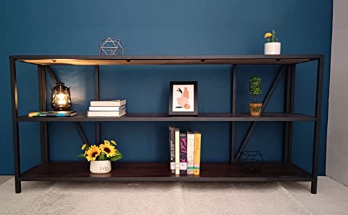 Industrial Bookshelf 3 Shelf Bookcase,Rustic Farmhouse Book Shelves,Solid Wood Three Tier Open Bookcase ,Industrial Wood and Black Metal Bookshelves, Industrial Bookshelf for Living Room Home Office