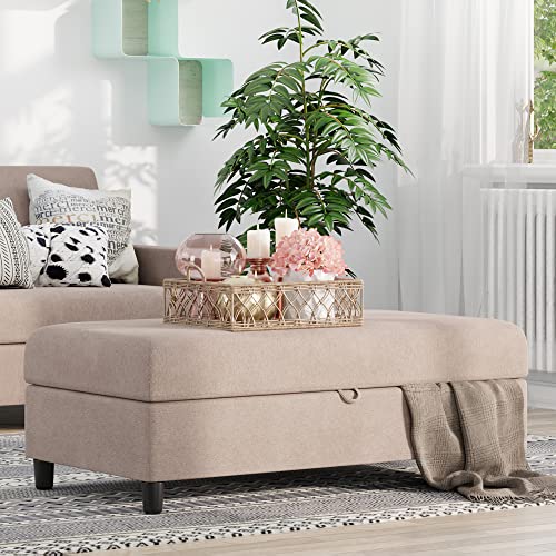 Shintenchi 45" Upholstered Storage Ottoman Bench, Rectangular Fabric Storage Footstool Bench with Hydraulic Rod for Living Room, Bedroom (Khaki)
