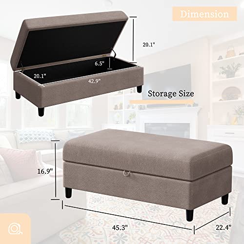 Shintenchi 45" Upholstered Storage Ottoman Bench, Rectangular Fabric Storage Footstool Bench with Hydraulic Rod for Living Room, Bedroom (Khaki)