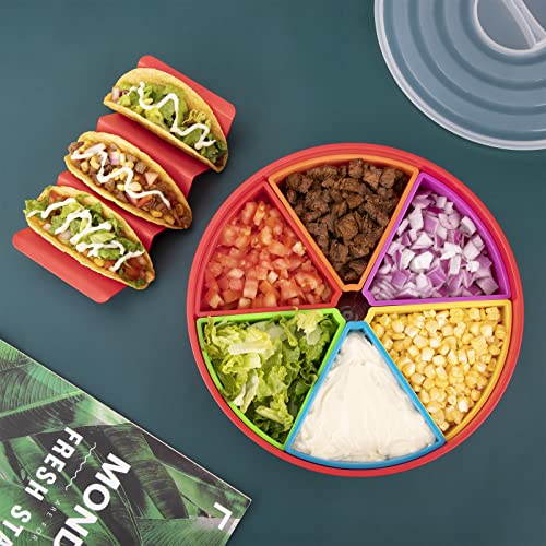 Aichoof Rotating Snack Tray, Colorful Taco Tuesday Heated Lazy Susan Topping Bar, Plastic Storage Food Containers with 6 Removable Bowls, Serving Tray Container with Lid, Perfect For Taco Night