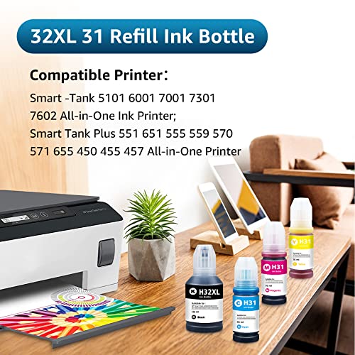 Transpex Compatible Ink Bottle Replacement for 32XL - 31 Refill Ink Use with Smart Tank 7301 7602 7001 6001 5101 551 651 Ink Tank Printers(1 Black 1 Cyan 1 Magenta 1 Yellow)