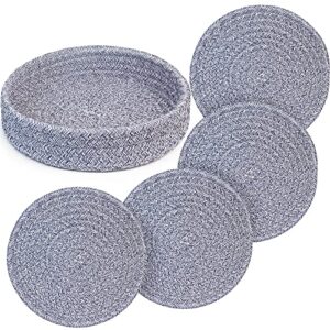 amaplel 9 inches trivets for hot dishes, trivets (set of 4) for hot pots and pans holder + 1 pack kitchen storage basket, 100% cotton round hot pads - table mats - coasters, table heat protector pad