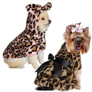 2 pieces leopard print faux fur dog coat fluffy warm sweater medium girl dog clothes puppy clothes for small dogs girl soft faux fur pet jacket for chihuahua winter autumn cold weather cat
