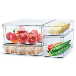 aomola 4 pack refrigerator organizer bins - stackable fridge storage box with lid, bpa-free kitchen organization containers clear, home organize for fruit vegetable drinks food
