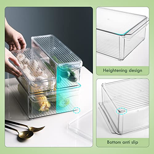 Aomola 4 Pack Refrigerator Organizer Bins - Stackable Fridge Storage Box with Lid, BPA-Free Kitchen Organization Containers Clear, Home Organize for Fruit Vegetable Drinks Food