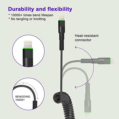 Coiled Lightning Cable Apple Carplay Compatible & MFi Certified, Short USB to Lightning Cable with Data Transmission and LED, Retractable iPhone Charger Cord for iPhone/Pad/Pod