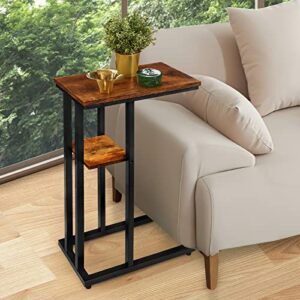 c shaped side table for sofa, small couch end table for small spaces，skinny couch side tables slide under sofa bed,snack table with bamboo, modern rustic brown