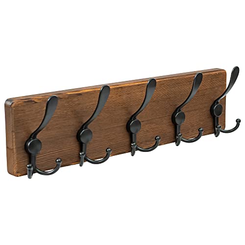 NicQliear Wall Mounted Coat Rack - Metal Coat Hooks Hanger with Pine Solid Wood Board, 5 Triple Black Literary Rustic Hooks Rail Wall Mount for Hanging Coats, Clothes, Bags, Hat, Towel