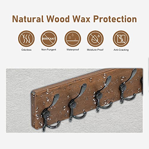 NicQliear Wall Mounted Coat Rack - Metal Coat Hooks Hanger with Pine Solid Wood Board, 5 Triple Black Literary Rustic Hooks Rail Wall Mount for Hanging Coats, Clothes, Bags, Hat, Towel