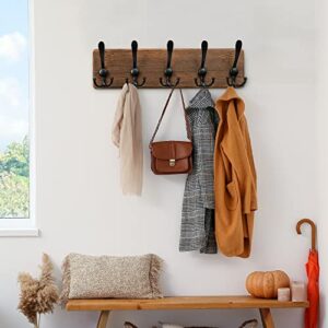 NicQliear Wall Mounted Coat Rack - Metal Coat Hooks Hanger with Pine Solid Wood Board, 5 Triple Black Literary Rustic Hooks Rail Wall Mount for Hanging Coats, Clothes, Bags, Hat, Towel