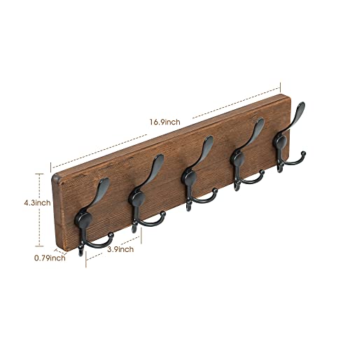 NicQliear Wall Mounted Coat Rack - Metal Coat Hooks Hanger with Pine Solid Wood Board, 5 Triple Black Literary Rustic Hooks Rail Wall Mount for Hanging Coats, Clothes, Bags, Hat, Towel