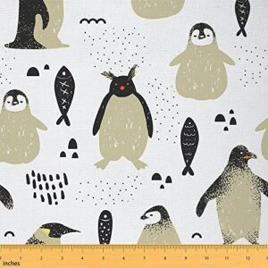 penguin fabric by the yard, fish upholstery fabric, cartoon cute antarctica animals wildlife decorative fabric, abstract safari halloween horror penguins indoor outdoor fabric, black green, 1 yard