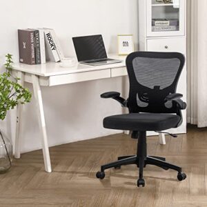 Furniliving Ergonomic Mesh Office Chair, Home Office Chair Mid Back Task Chair with Lumbar Support, Tilt Function, Office Chairs Swivel Computer Desk Chair with Flip-Up Arms, Black (MidBack)