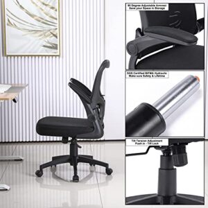 Furniliving Ergonomic Mesh Office Chair, Home Office Chair Mid Back Task Chair with Lumbar Support, Tilt Function, Office Chairs Swivel Computer Desk Chair with Flip-Up Arms, Black (MidBack)