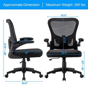 Furniliving Ergonomic Mesh Office Chair, Home Office Chair Mid Back Task Chair with Lumbar Support, Tilt Function, Office Chairs Swivel Computer Desk Chair with Flip-Up Arms, Black (MidBack)