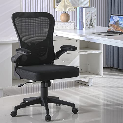 Furniliving Ergonomic Mesh Office Chair, Home Office Chair Mid Back Task Chair with Lumbar Support, Tilt Function, Office Chairs Swivel Computer Desk Chair with Flip-Up Arms, Black (MidBack)