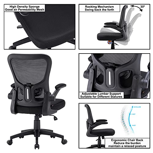 Furniliving Ergonomic Mesh Office Chair, Home Office Chair Mid Back Task Chair with Lumbar Support, Tilt Function, Office Chairs Swivel Computer Desk Chair with Flip-Up Arms, Black (MidBack)