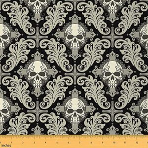 sugar skull fabric by the yard, halloween upholstery fabric, religious boho floral decorative fabric, gothic horror indoor outdoor fabric, abstract flowers waterproof fabric, black grey, 3 yards