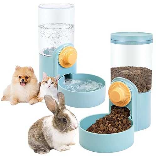 Rabbit Feeder Waterer for Cage Hanging Automatic Cat Dog Food Water Dispenser for Bunny Hamster Indoor Small Pets, Gravity Rabbit Food Bowl Water Bottle Set Ferret Cage Accessories for Cat Guinea Pig