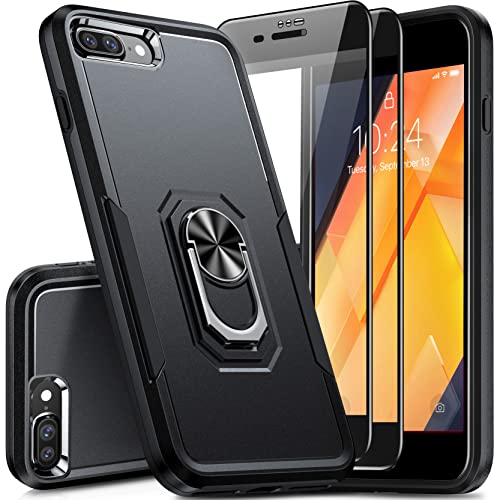 Nineasy for iPhone 8 Plus Case, [4 in 1] iPhone 7 Plus Case with[2Pcs 9H Glass Screen Protector] Built-in[360° Ring Stand] [10FT Military Dropproof] Shockproof Phone Case for iPhone 8 Plus/7 Plus 5.5"