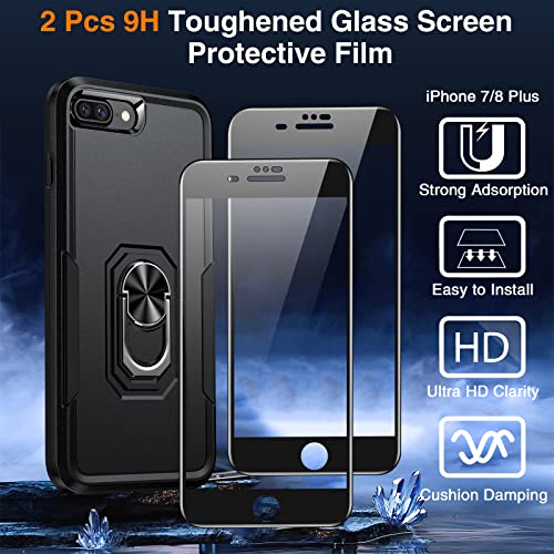 Nineasy for iPhone 8 Plus Case, [4 in 1] iPhone 7 Plus Case with[2Pcs 9H Glass Screen Protector] Built-in[360° Ring Stand] [10FT Military Dropproof] Shockproof Phone Case for iPhone 8 Plus/7 Plus 5.5"