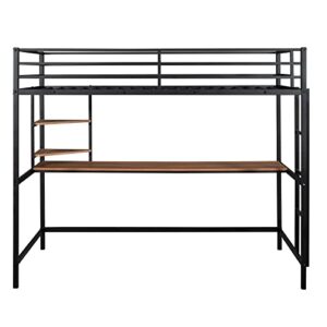 Twin Loft Bed with Desk, Metal Loft Bed Frame with Storage Shelves (Twin Size, Black)