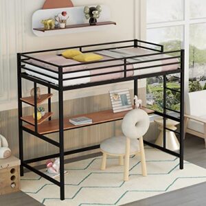 twin loft bed with desk, metal loft bed frame with storage shelves (twin size, black)