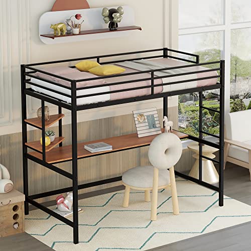 Twin Loft Bed with Desk, Metal Loft Bed Frame with Storage Shelves (Twin Size, Black)