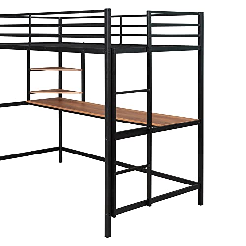 Twin Loft Bed with Desk, Metal Loft Bed Frame with Storage Shelves (Twin Size, Black)