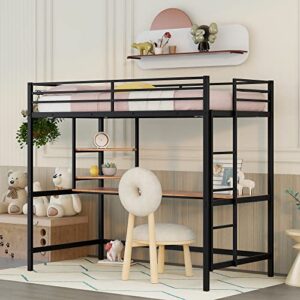 Twin Loft Bed with Desk, Metal Loft Bed Frame with Storage Shelves (Twin Size, Black)