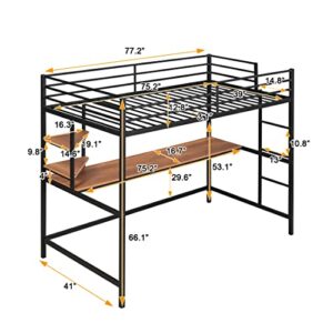 Twin Loft Bed with Desk, Metal Loft Bed Frame with Storage Shelves (Twin Size, Black)