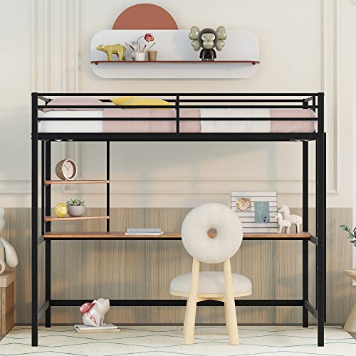 Twin Loft Bed with Desk, Metal Loft Bed Frame with Storage Shelves (Twin Size, Black)